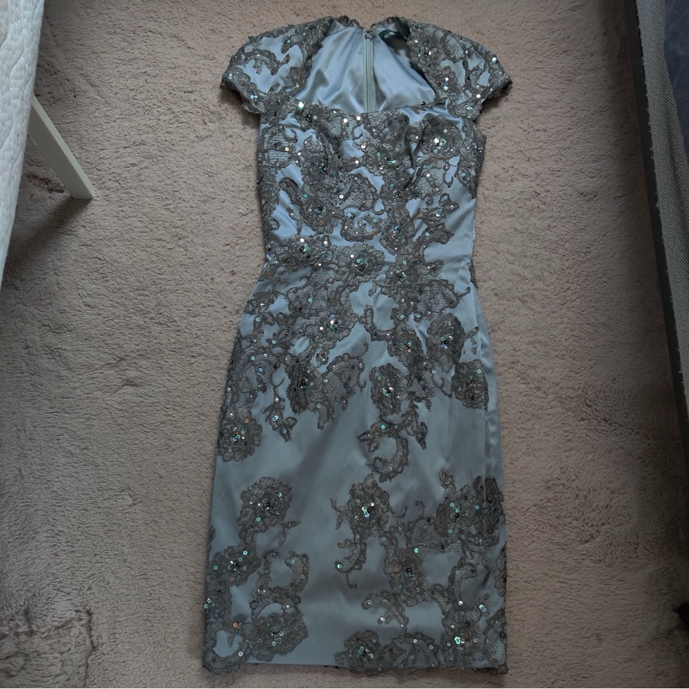 Julian Joyce by Mandalay Silver Sheath Mini Cocktail Dress Cap Sleeves Beaded